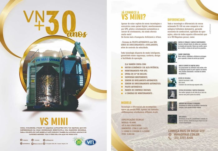 Design Folder Institucional Colheitadeira de Café VS 100 Mini - Campanha 30 Anos da VN Máquinas